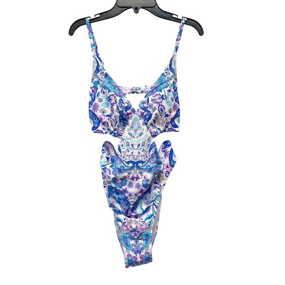 Cupshe Women's Blue Purple Paisley V-Neck Cheeky Monokini Swimsuit Size Medium - Picture 1 of 7
